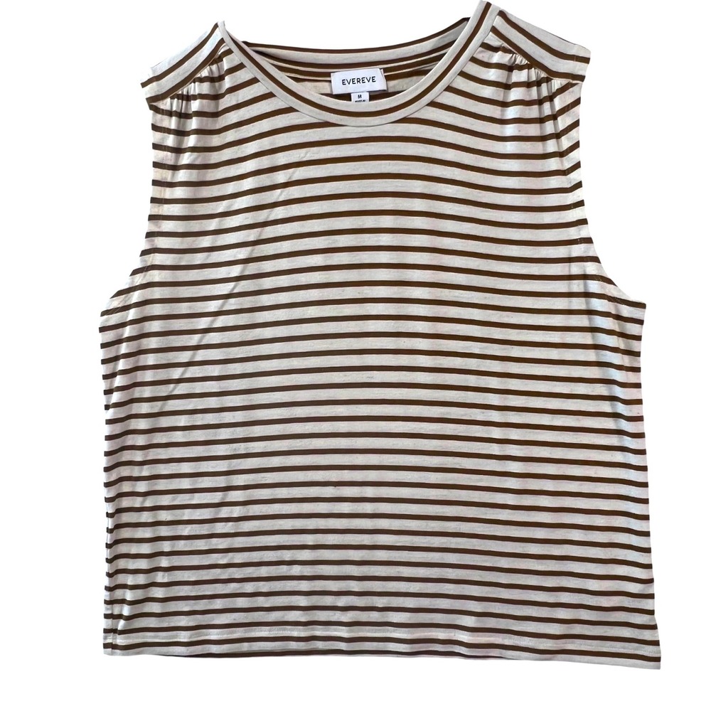 Evereve Gold & Cream Striped Sleeveless Tank Top Linen Blend Gathered Shoulder M